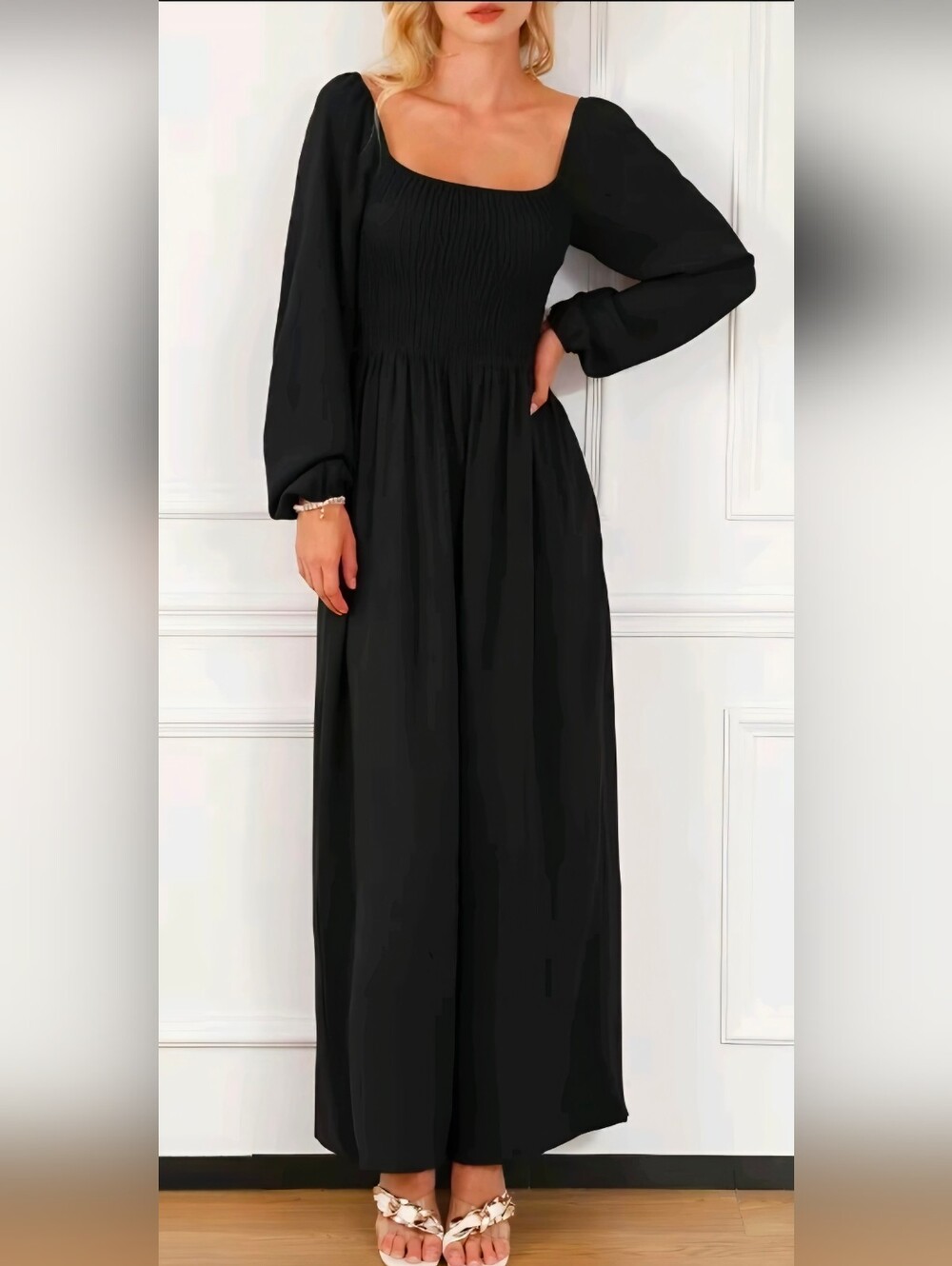 Dokotoo Black Loose Fit Wide Leg Smocked Bodice Long Sleeve Jumpsuit Size L